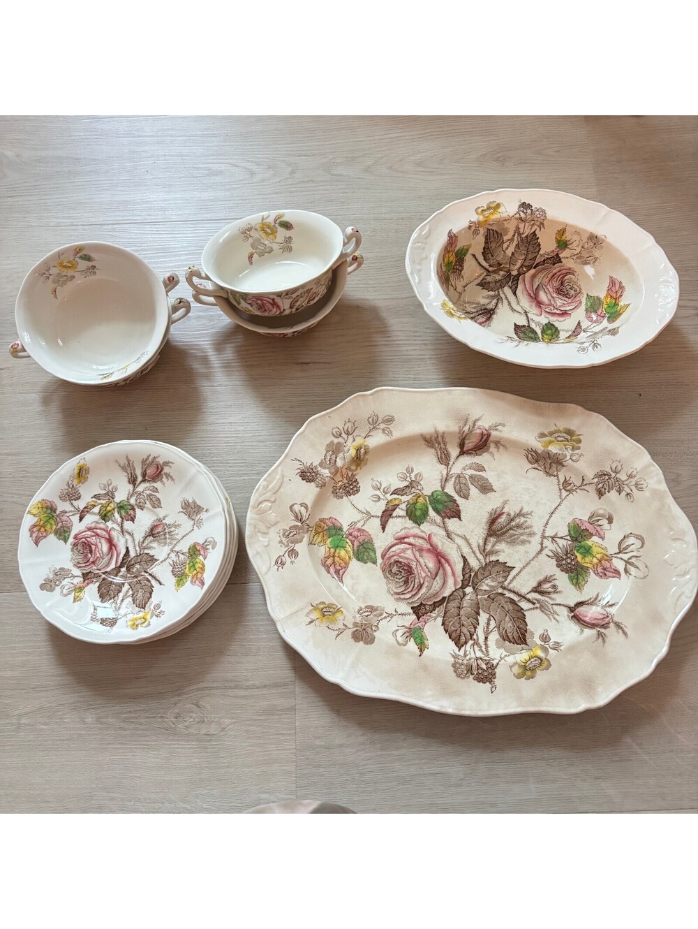 Alfred Meakin Rosalie Set of 12 Vintage Brown Pink Yellow Floral Ceramic Dishes